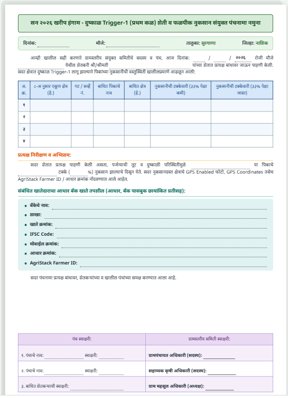 दुष्काळ पंचनामा PDF नमुना: शेती व फळपीक नुकसान संयुक्त पंचनामा, पीक नुकसान तक्ता, बँक तपशील आणि स्वाक्षऱ्या